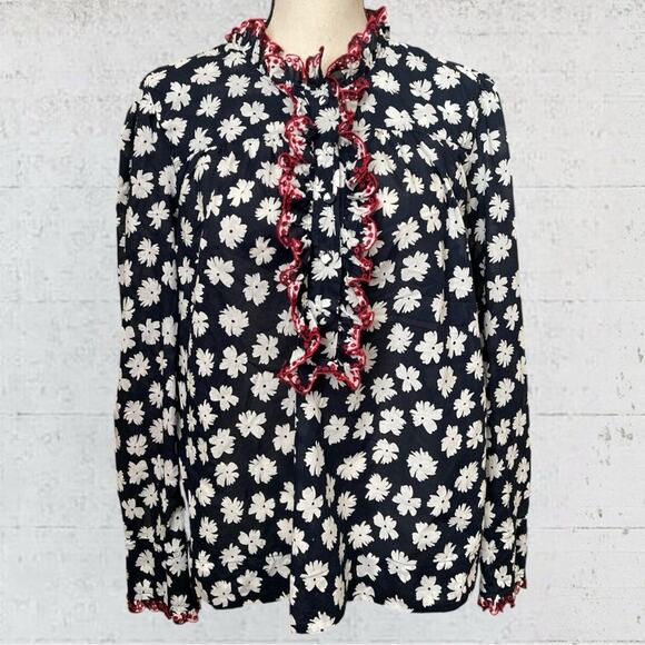 J. Crew Embroidered Ruffle Blouse Scattered Daisy Print Preppy Size Medium - Picture 3 of 10